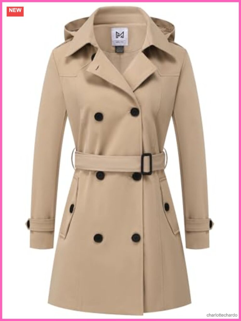 Women's Double-Breasted Belted Trench Coat Water-Resistant Lightweight